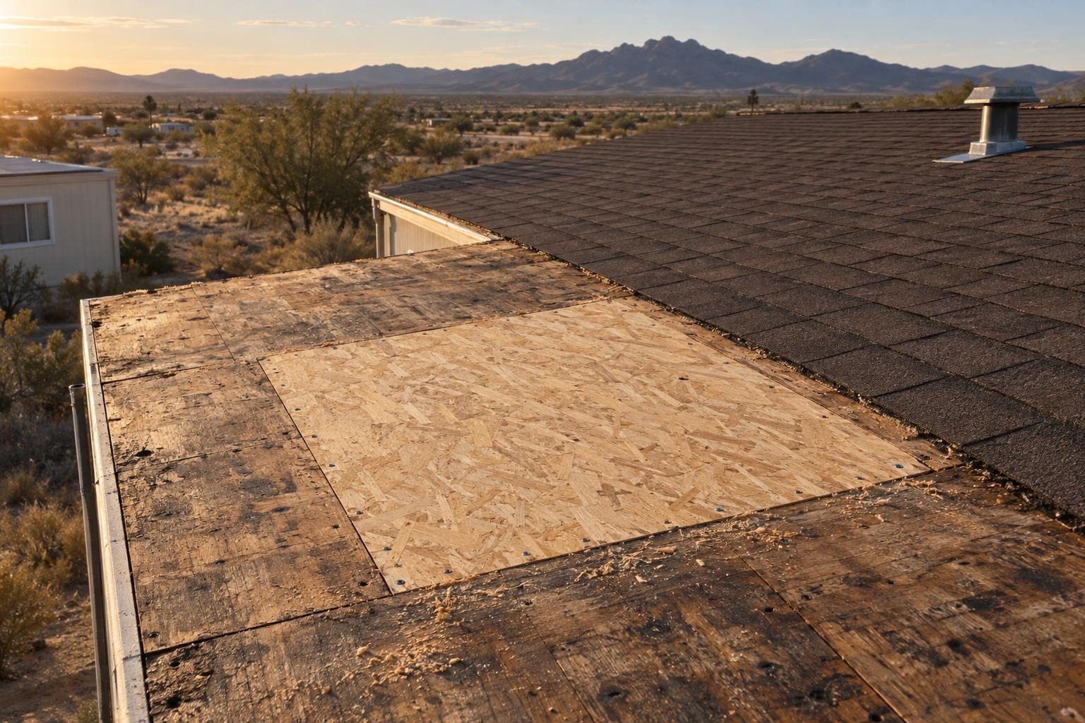 A fresh rectangle of new decking nailed into an old roof deck