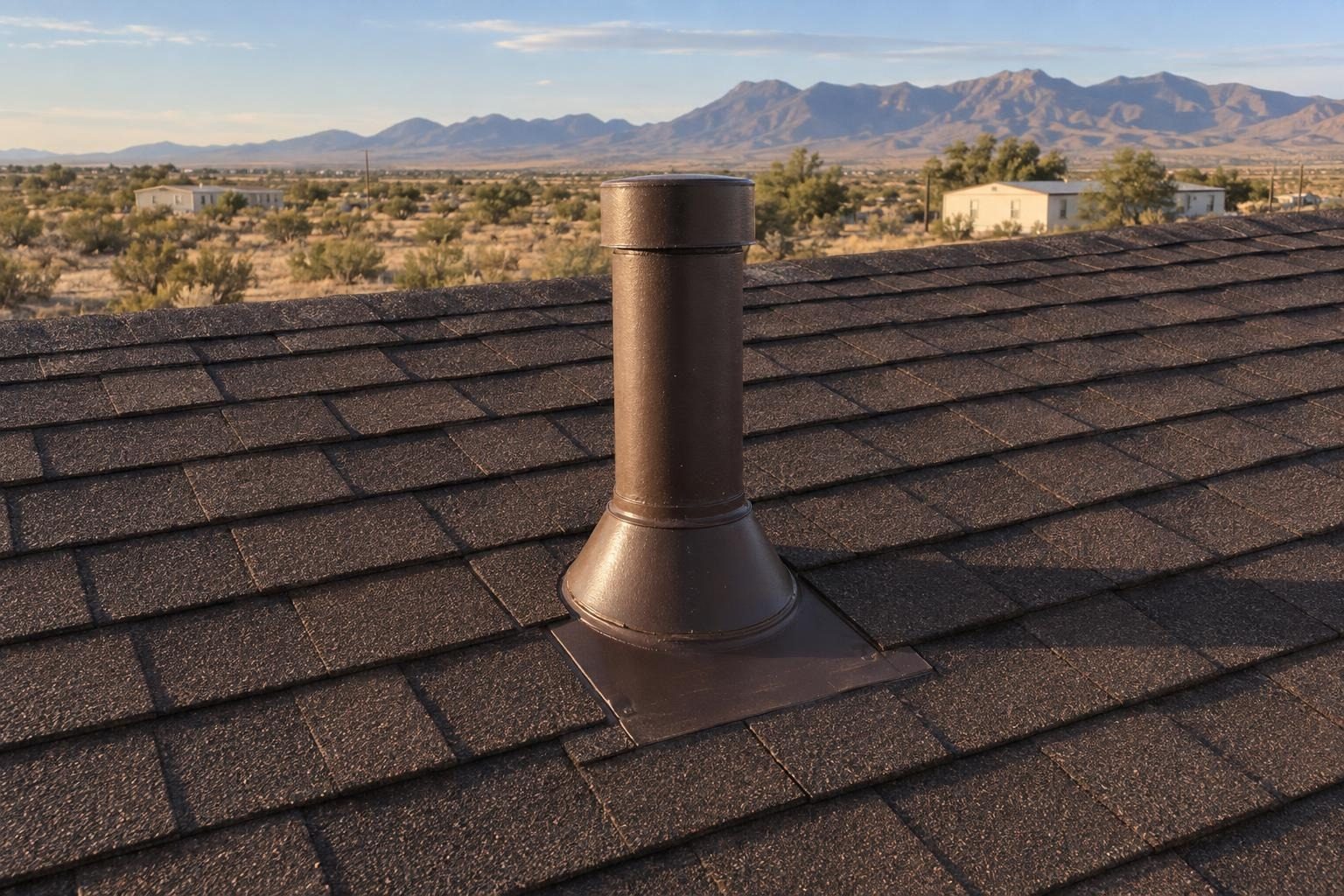 A roof jack vent painted dark brown to match the new shingles