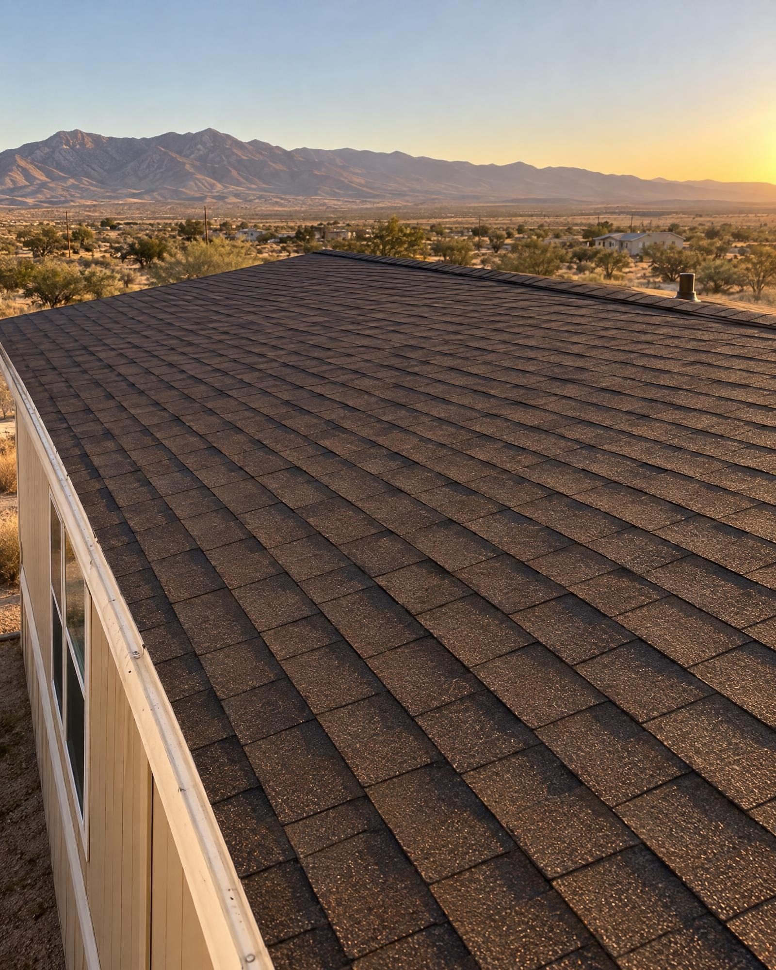 A freshly reroofed double-wide: dark brown shingles in long straight rows under a desert sunset