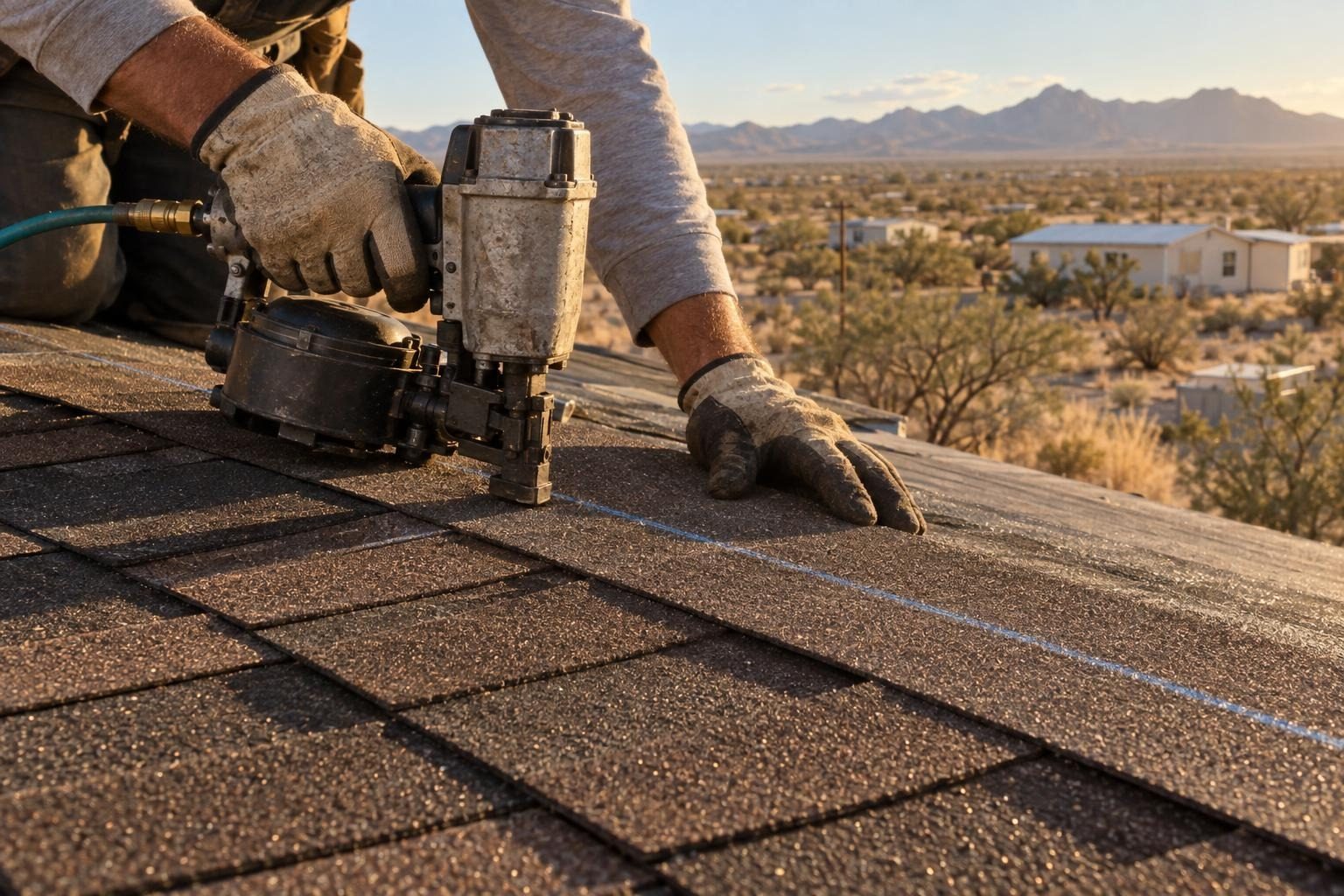 Gloved hands nailing a brown shingle exactly on a blue chalk line
