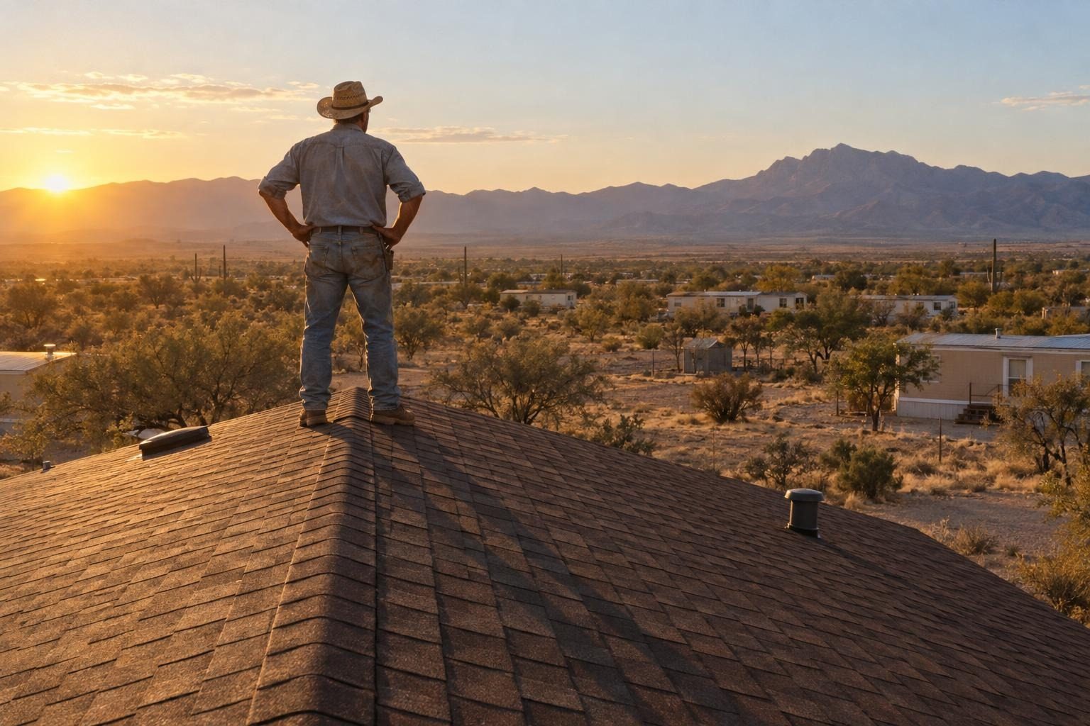 Wes, seen from behind, standing on the ridge of a finished roof at sundown