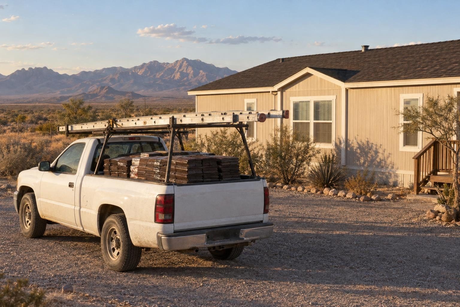 A white work truck with a ladder rack and shingle bundles beside a finished roof